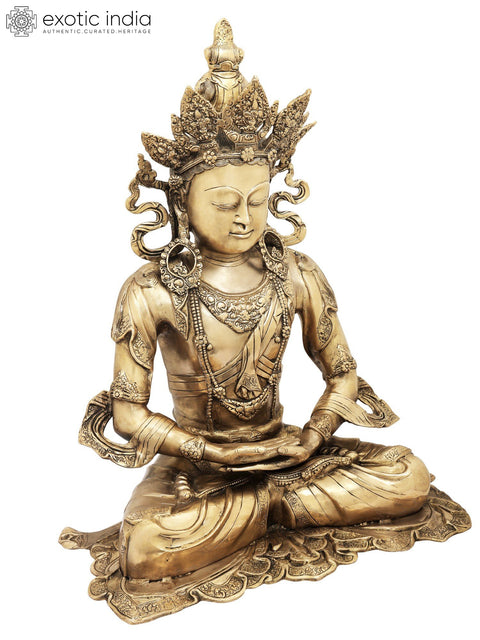 27" Seated Buddha with Five-Spired Crown in Brass | Indian Handcrafted Idol