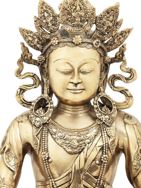 27" Seated Buddha with Five-Spired Crown in Brass | Indian Handcrafted Idol