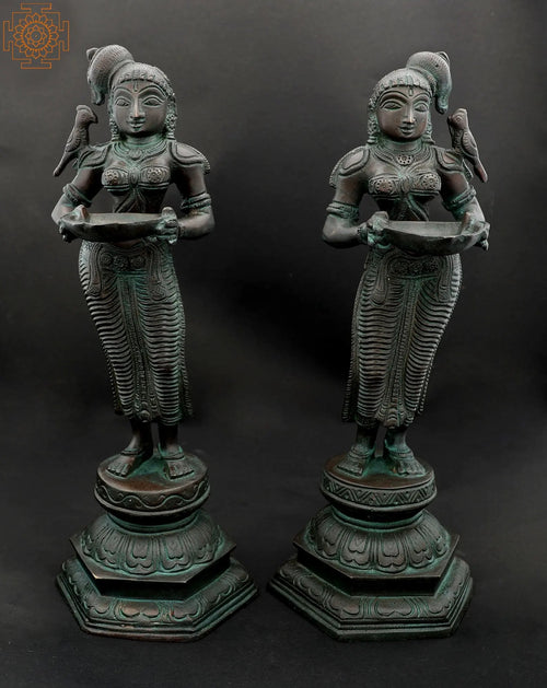 12" Handmade Brass Deepalakshmi with Parrots Statue Pair