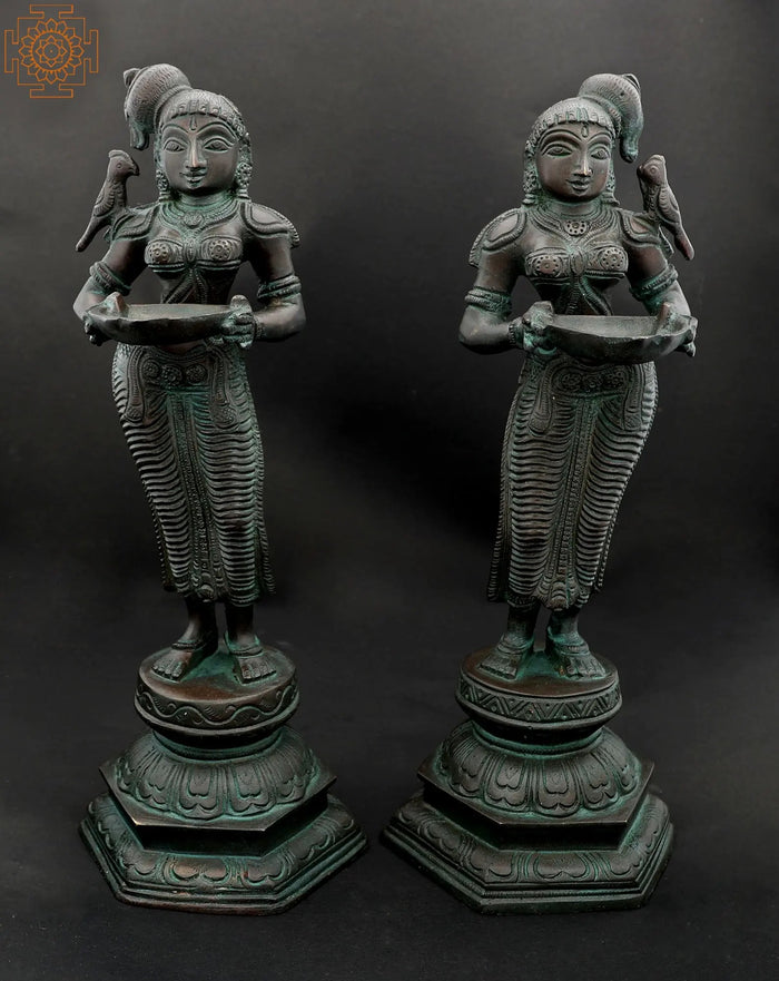 12" Handmade Brass Deepalakshmi with Parrots Statue Pair