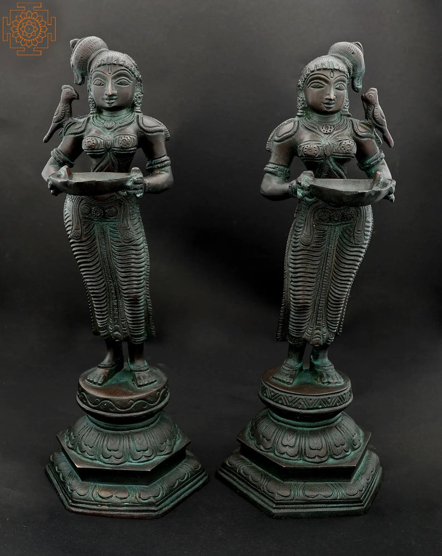 12" Handmade Brass Deepalakshmi with Parrots Statue Pair