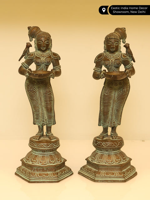 12" Pair of Deepalakshmis with Parrots Perched Upon The Shoulder | Handmade Brass Statue