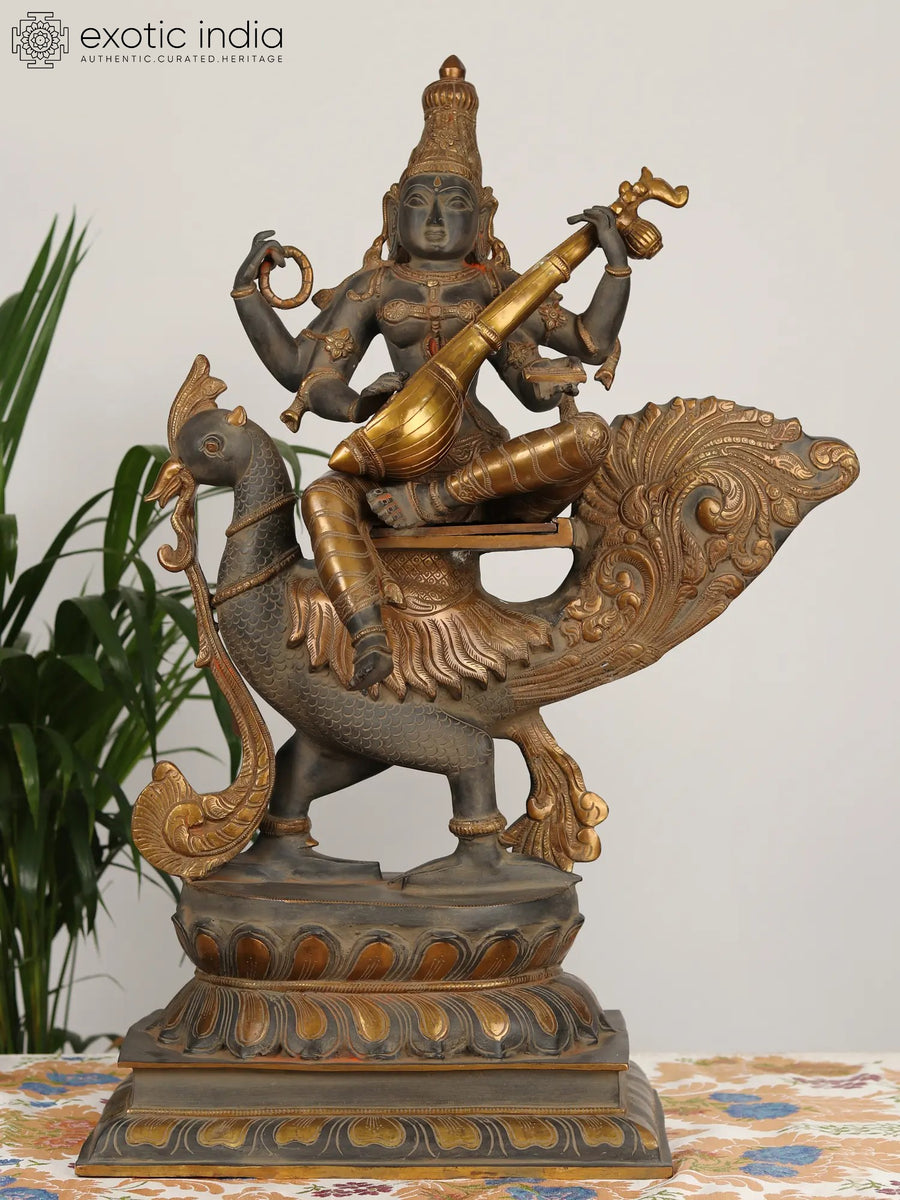 28" Devi Saraswati Handmade Brass Statue Gold-And-Charcoal