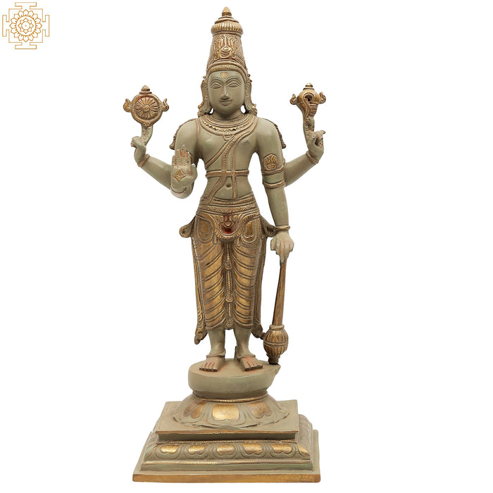 18" Bhagawan Vishnu Standing Brass Statue with Pedestal Handmade