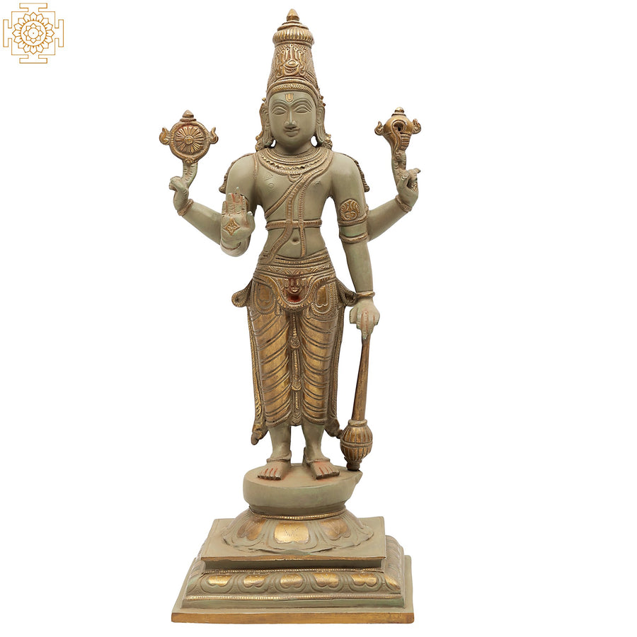 18" Bhagawan Vishnu Standing Brass Statue with Pedestal Handmade