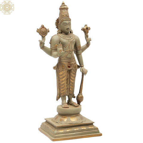 18" Bhagawan Vishnu Standing on Pedestal in Brass | Handmade | Made In India