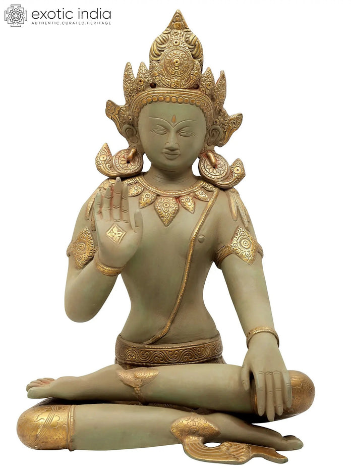 16" Seated Buddha Handmade Brass Statue with Green and Gold Finish
