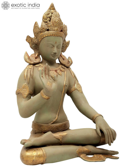 16" Green-And-Gold Seated Buddha in Brass | Handmade | Made In India