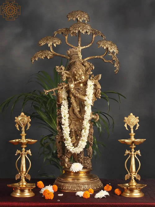 Large Handmade Krishna Fluting Brass Statue with Tree Embellishment