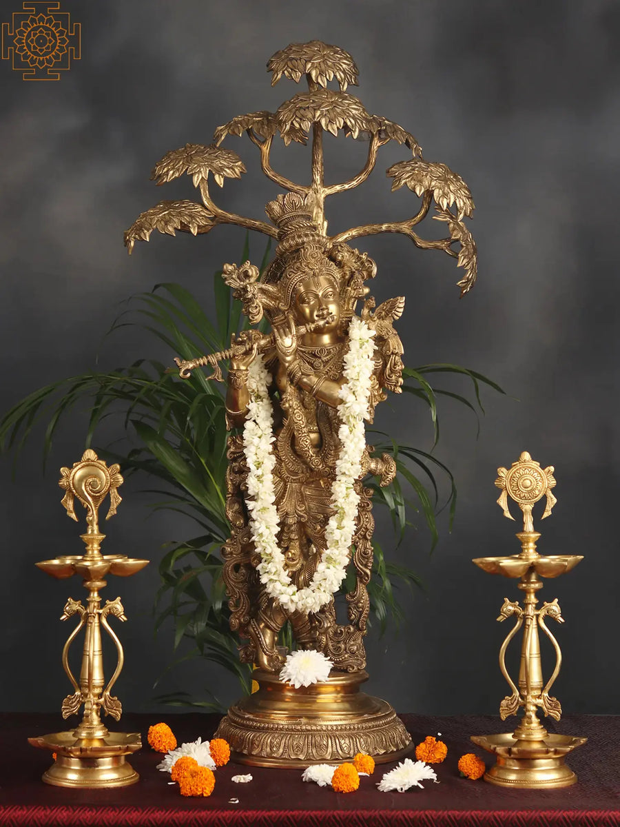 Large Handmade Krishna Fluting Brass Statue with Tree Embellishment