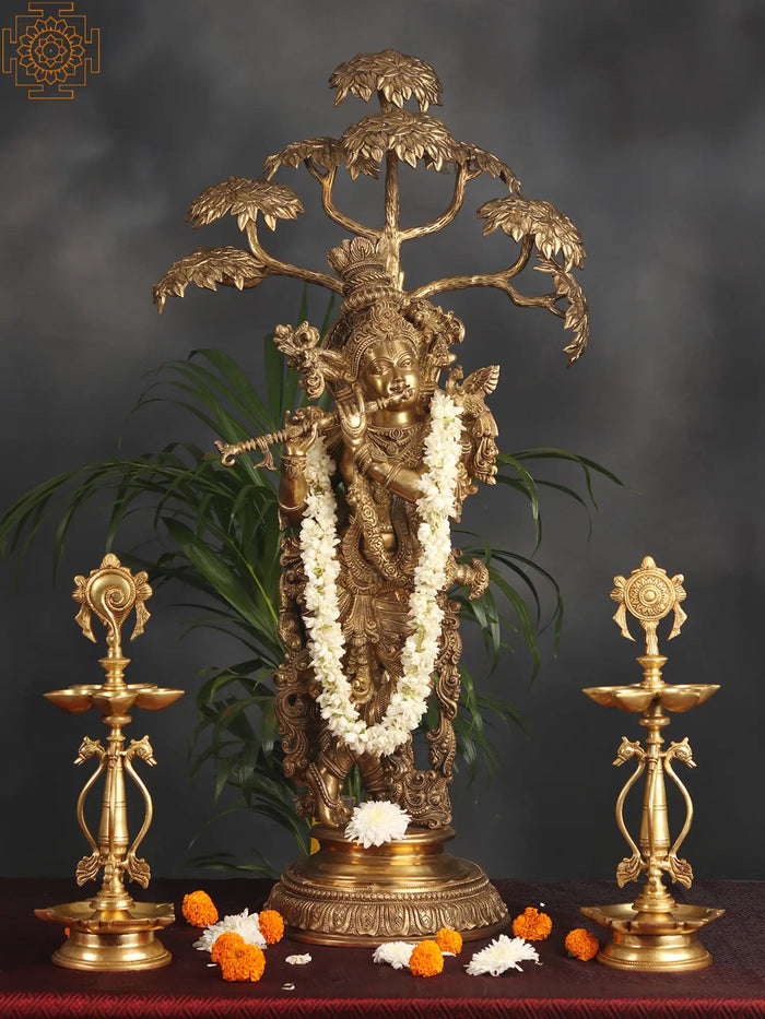 Superfine Superbly Embellished Krishna Fluting Under a Magnificent Tree (Large Size)