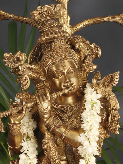 Superfine Superbly Embellished Krishna Fluting Under a Magnificent Tree (Large Size)
