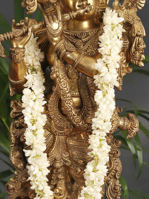 Superfine Superbly Embellished Krishna Fluting Under a Magnificent Tree (Large Size)
