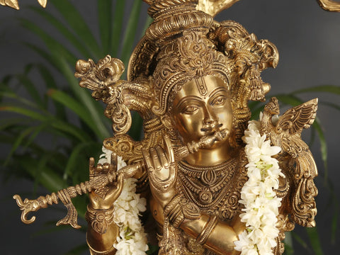 Superfine Superbly Embellished Krishna Fluting Under a Magnificent Tree (Large Size)