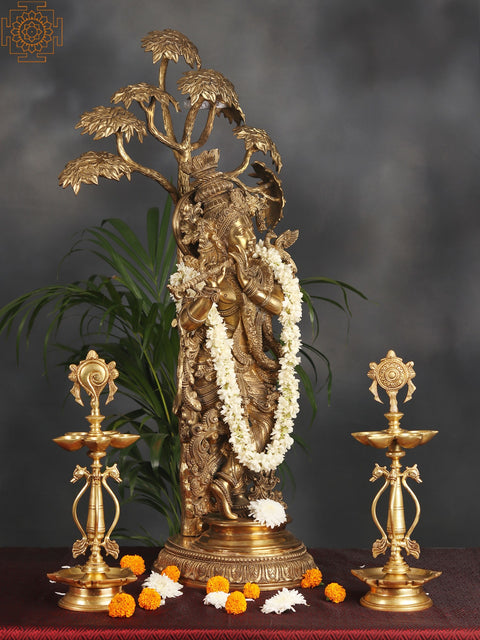Superfine Superbly Embellished Krishna Fluting Under a Magnificent Tree (Large Size)