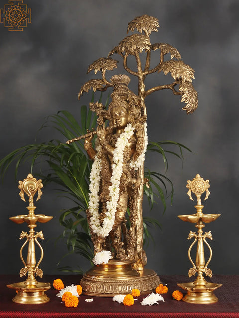 Superfine Superbly Embellished Krishna Fluting Under a Magnificent Tree (Large Size)