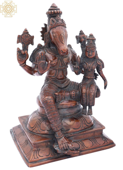 9" Varaha Avatara of Vishnu with Bhudevi Seated on Pedestal | Brass | Handmade | Made In India