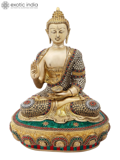 16" Handmade Preaching Buddha Brass Statue with Colorful Inlay