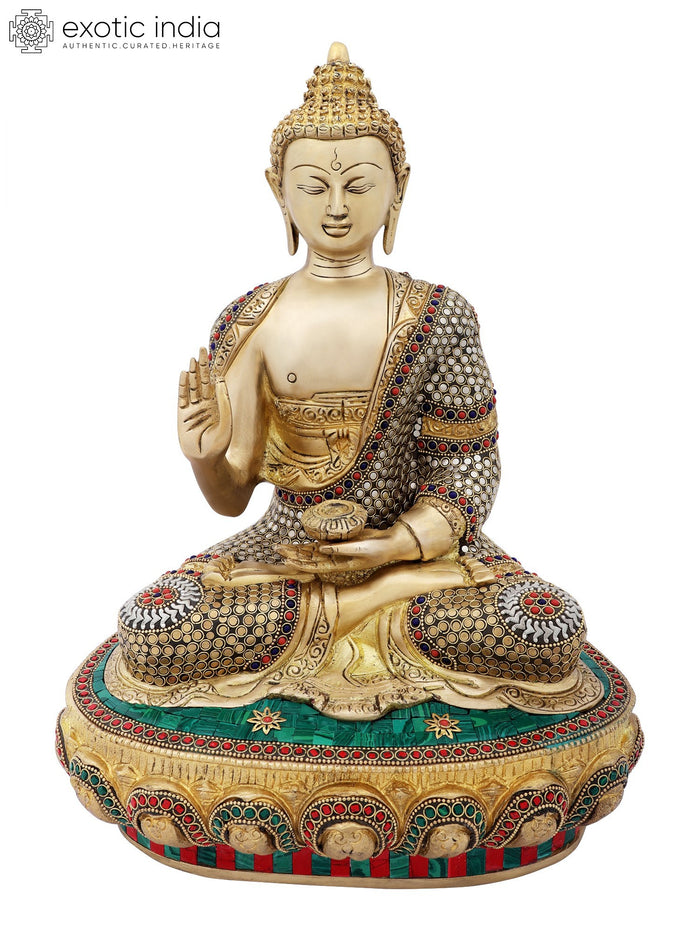 16" Handmade Preaching Buddha Brass Statue with Colorful Inlay