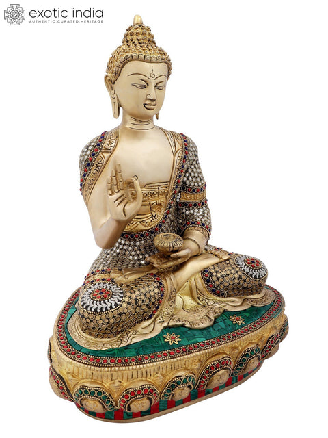 16" Preaching Buddha with Colorful Inlay Work in Brass | Handmade | Made In India