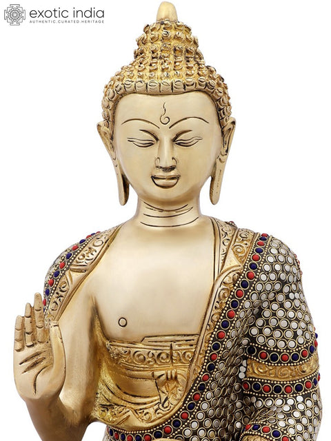 16" Preaching Buddha with Colorful Inlay Work in Brass | Handmade | Made In India