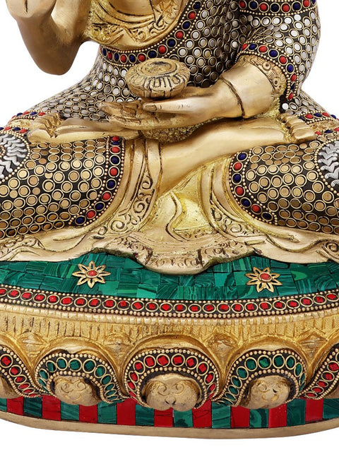 16" Preaching Buddha with Colorful Inlay Work in Brass | Handmade | Made In India