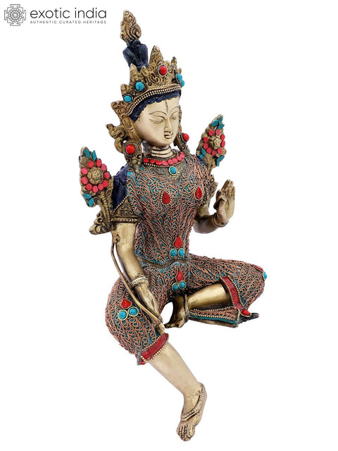 13" Superfine Tibetan Buddhist Green Tara with Colorful Inlay Work and Copper Wire | Handmade Brass Statue