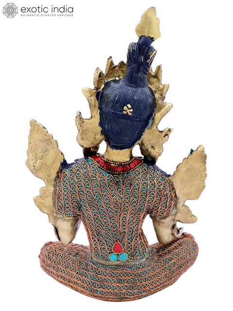 13" Superfine Tibetan Buddhist Green Tara with Colorful Inlay Work and Copper Wire | Handmade Brass Statue
