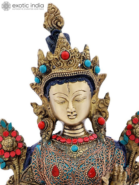 13" Superfine Tibetan Buddhist Green Tara with Colorful Inlay Work and Copper Wire | Handmade Brass Statue