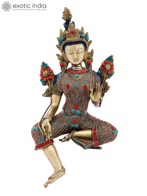 13" Handmade Brass Green Tara Buddhist Statue with Inlay Work