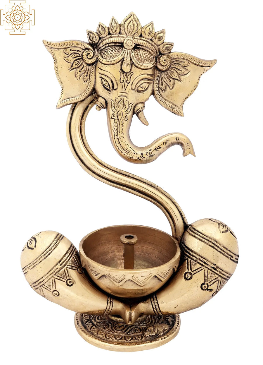 9" Handmade Ganesha Brass Wick Lamp for Pooja