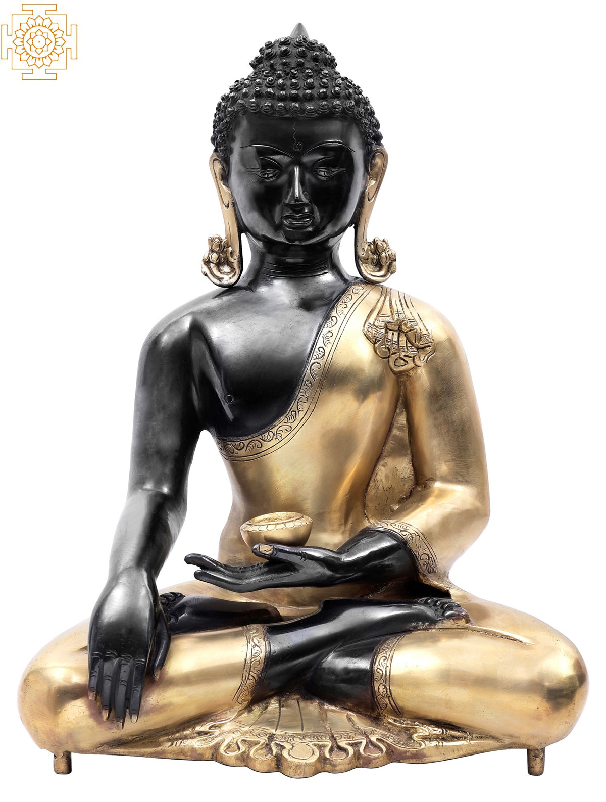19" Black Budda Adorned in a Golden Robe in Brass | Handmade