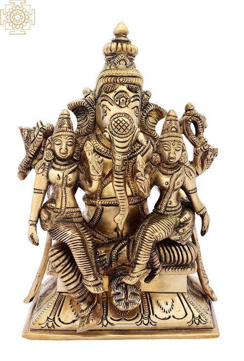7" Lord Ganesha with Riddhi and Siddhi Brass Statue Handmade