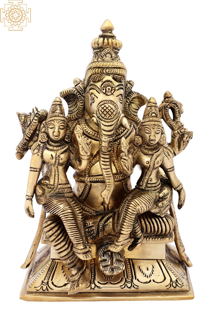 7" Lord Ganesha with Riddhi and Siddhi Brass Statue Handmade
