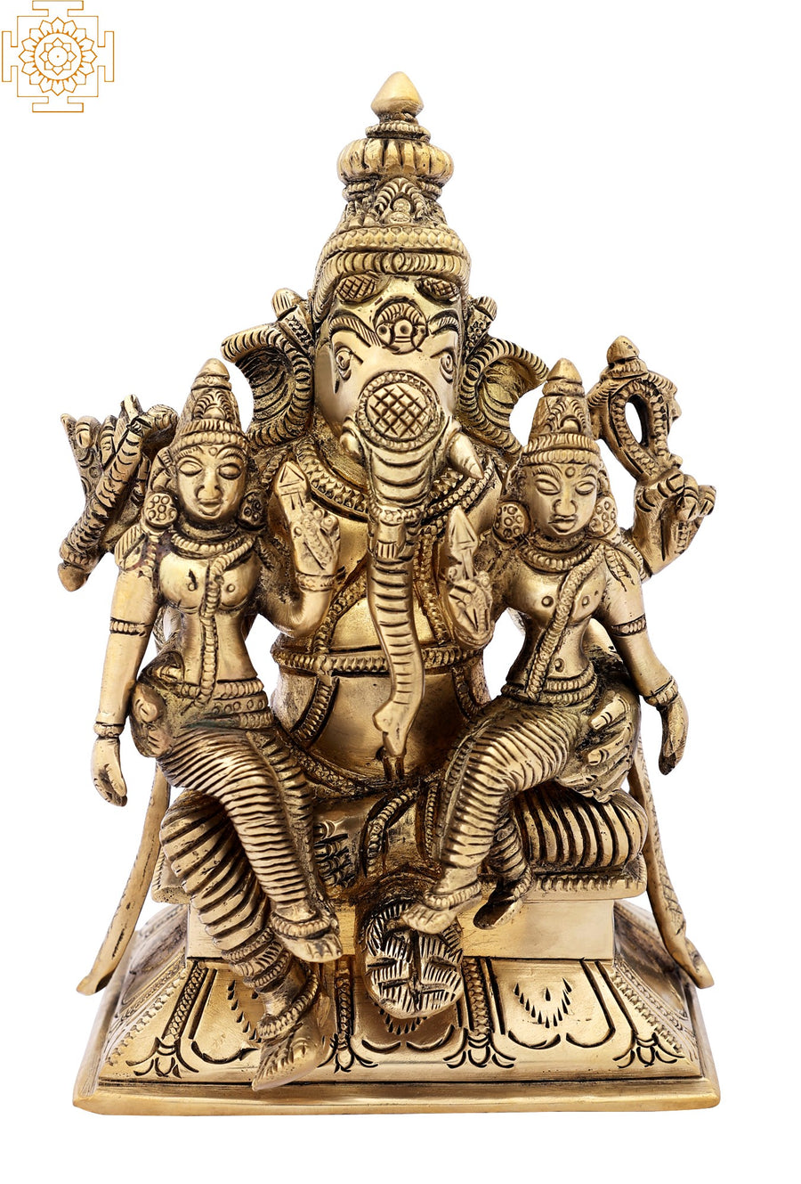 7" Lord Ganesha with Riddhi and Siddhi Brass Statue Handmade