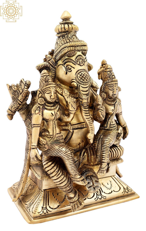 7" Lord Ganesha with Riddhi and Siddhi in Brass | Handmade | Made In India