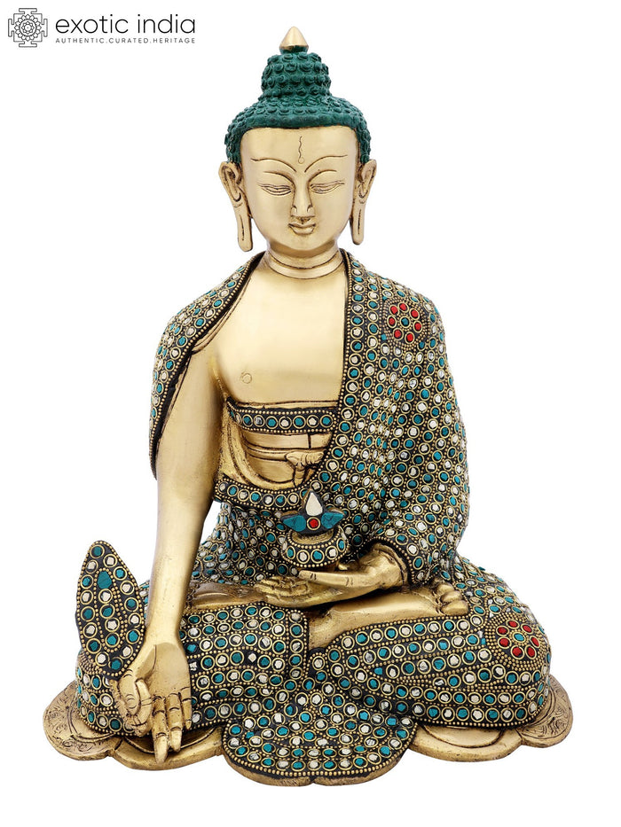 13" Medicine Buddha Brass Statue with Colorful Inlay Handmade