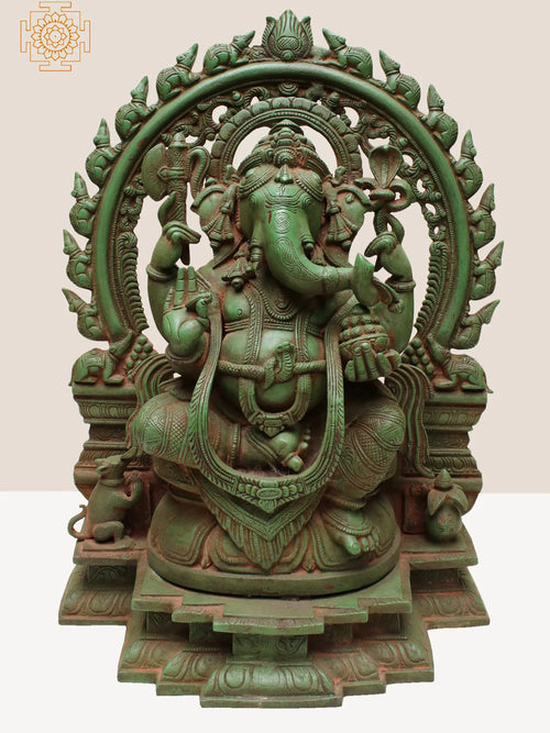 Sitting Lord Ganesha Brass Idol with Temple Arch