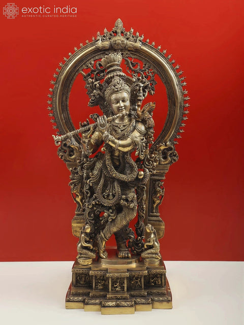 Fine Quality Large Lord Krishna and Gopis on his Feet With Baal-Lila On The Pedestal