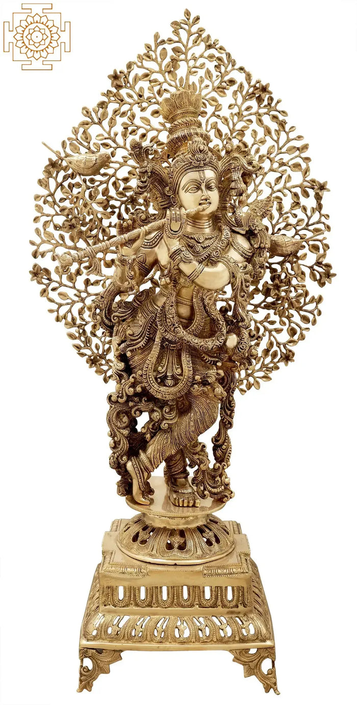 37" Tribhanga Krishna Brass Idol with Canopy Handcrafted