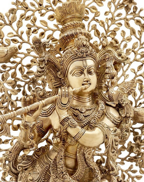 37" Tribhanga Murari Krishna Breathing Life Into A Gorgeous Canopy | Indian Handcrafted Brass Idol