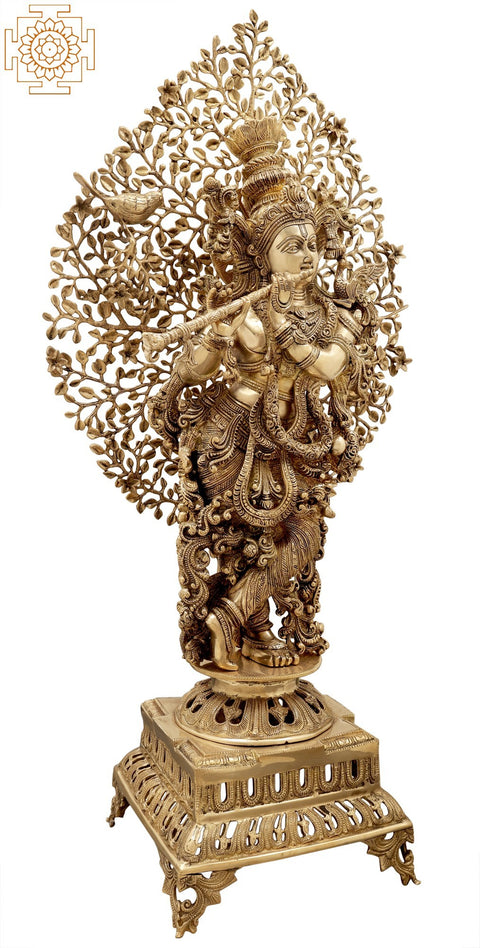 37" Tribhanga Murari Krishna Breathing Life Into A Gorgeous Canopy | Indian Handcrafted Brass Idol