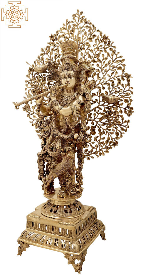37" Tribhanga Murari Krishna Breathing Life Into A Gorgeous Canopy | Indian Handcrafted Brass Idol