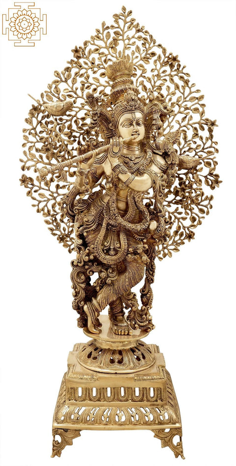 37" Tribhanga Murari Krishna Breathing Life Into A Gorgeous Canopy | Indian Handcrafted Brass Idol