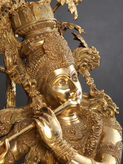 57" Large Tribhanga Krishna With The Kadamba Tree Behind Him