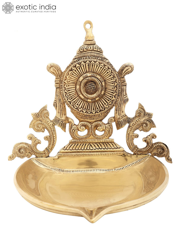 9" Handmade Brass Chakra Wick Lamp Vaishnava Symbol Statue