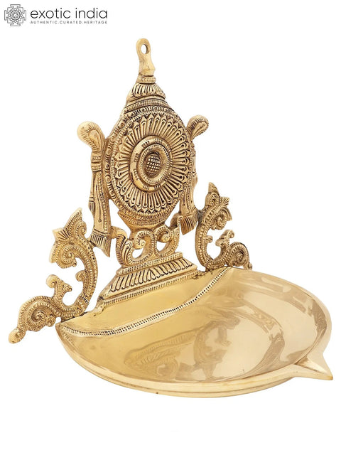 9" Superfine Chakra Wick Lamp (Vaishnava Symbol) in Brass | Handmade | Made in India