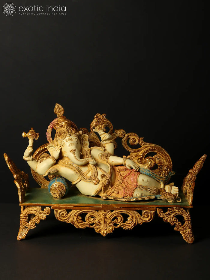 14" Reclining Ganesha Brass Statue Handcrafted Indian Idol