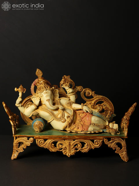 14" Reclining Ganesha Brass Sculpture | Indian Handcrafted Idol