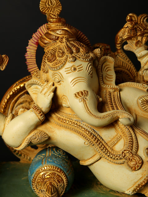 14" Reclining Ganesha Brass Sculpture | Indian Handcrafted Idol